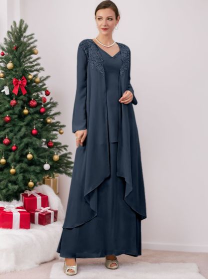 Floor-Length V-Neck A-Line Princess Gown for the Mother of the Bride