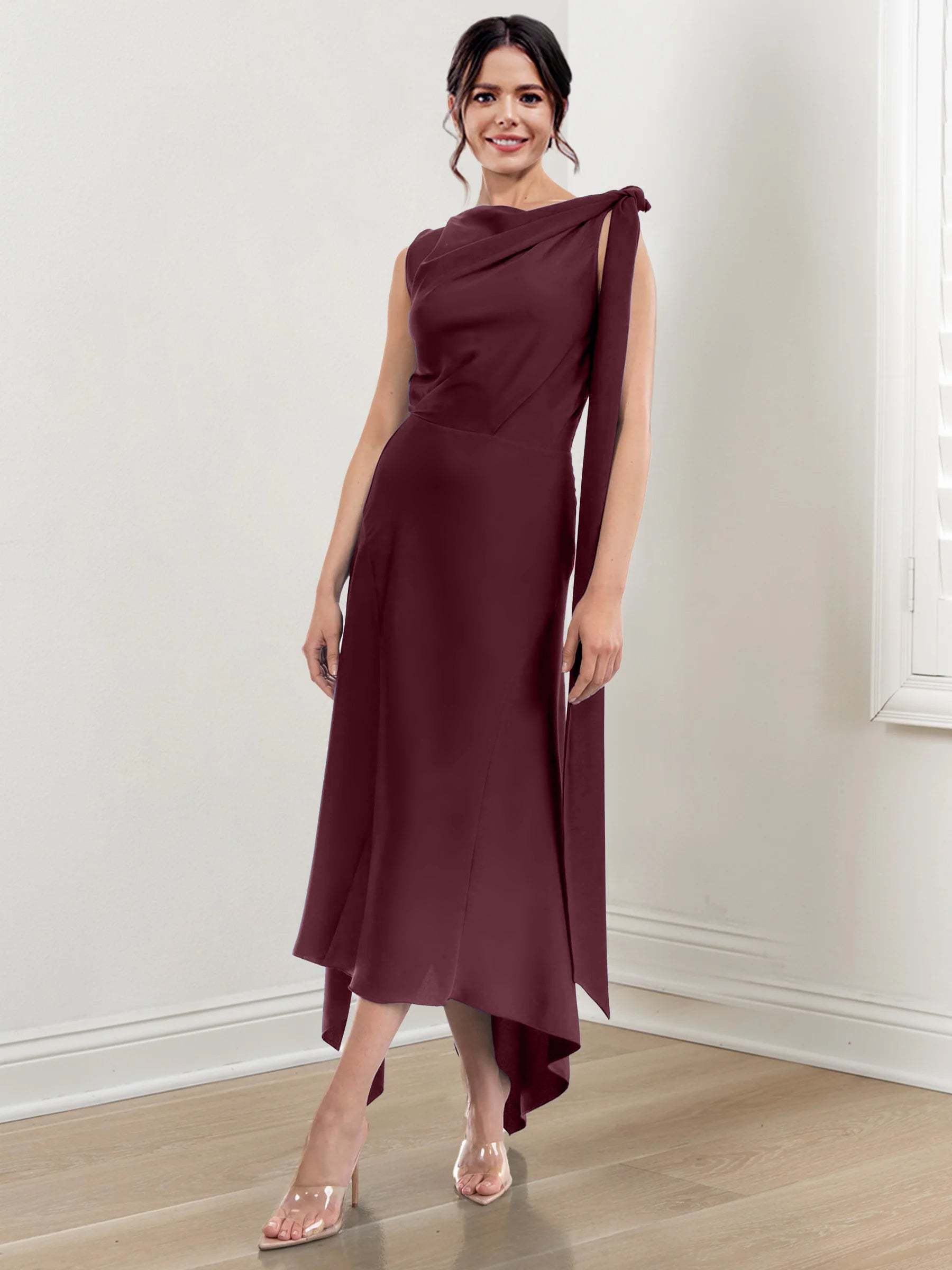 Asymmetrical Tea-Length Mother of the Bride Sheath Dress with Ruched Column Jewel Neck