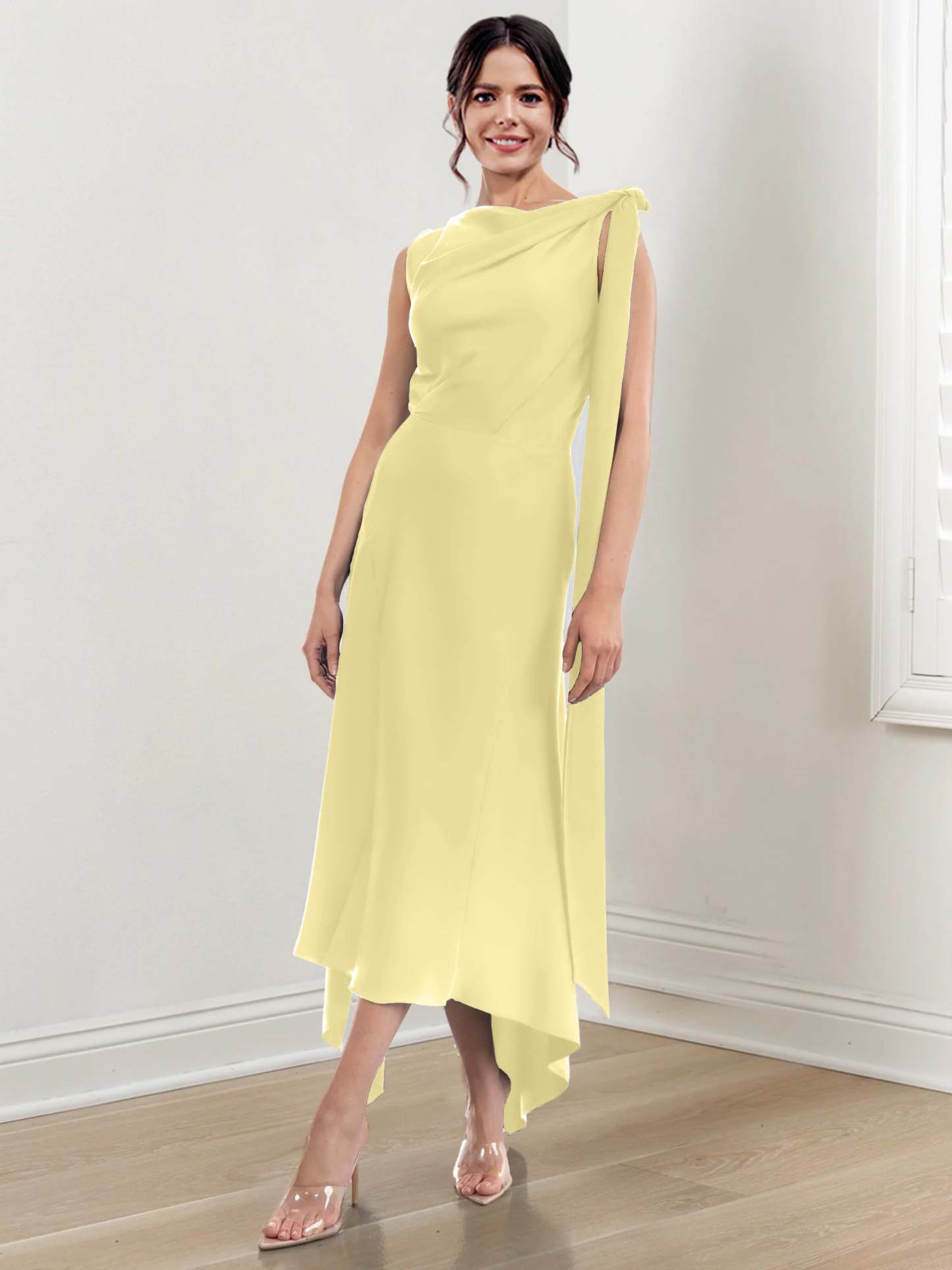 Asymmetrical Tea-Length Mother of the Bride Sheath Dress with Ruched Column Jewel Neck