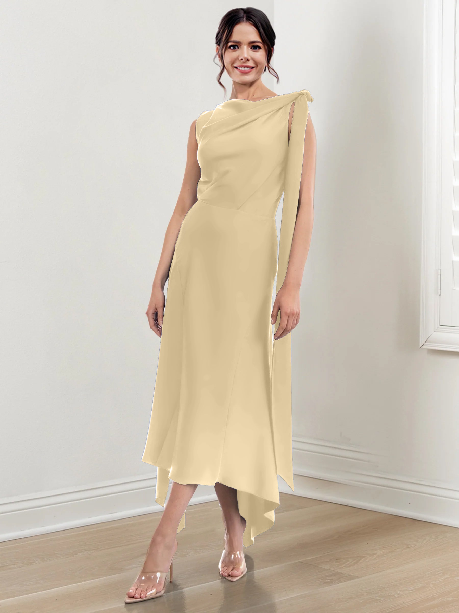 Asymmetrical Tea-Length Mother of the Bride Sheath Dress with Ruched Column Jewel Neck