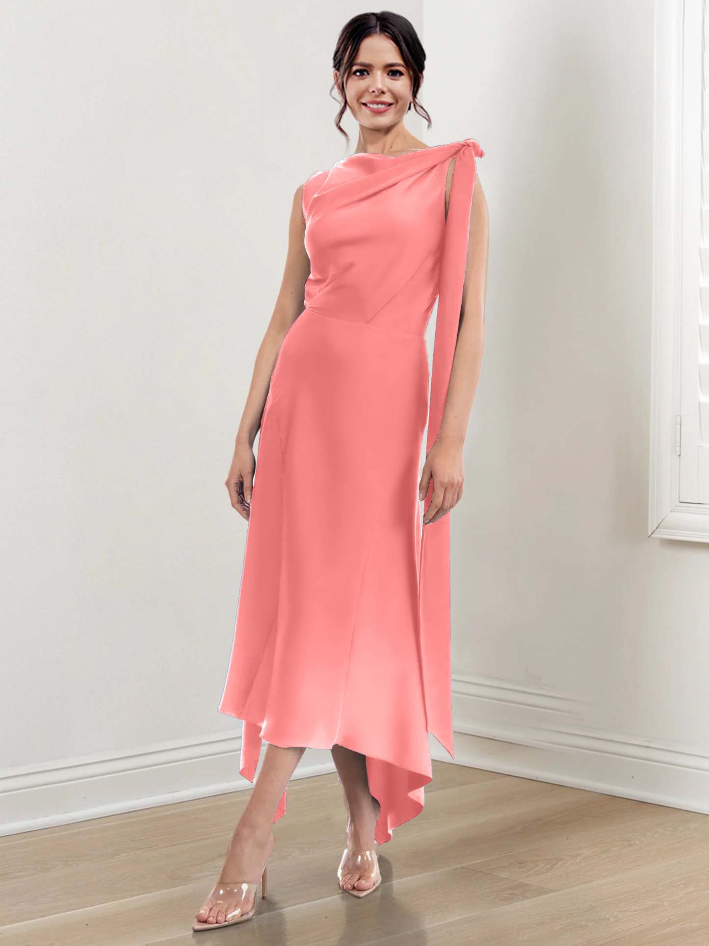 Asymmetrical Tea-Length Mother of the Bride Sheath Dress with Ruched Column Jewel Neck