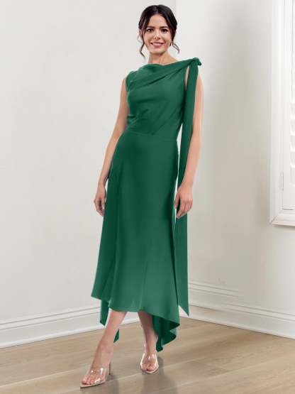 Asymmetrical Tea-Length Mother of the Bride Sheath Dress with Ruched Column Jewel Neck
