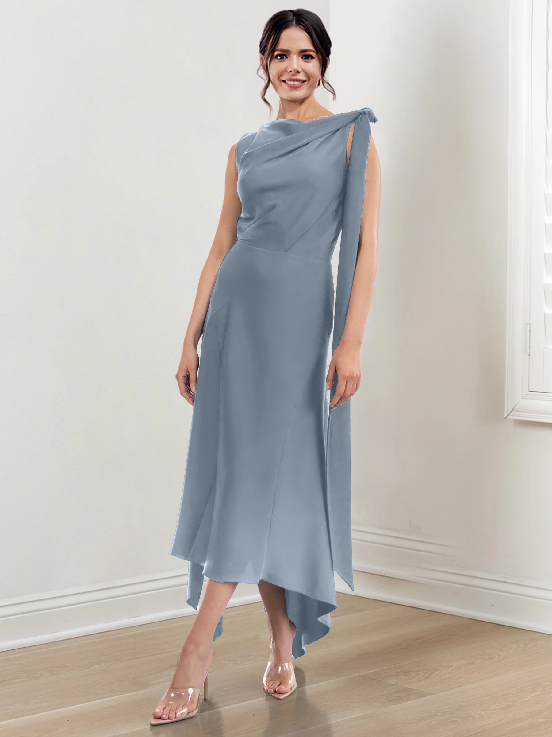 Asymmetrical Tea-Length Mother of the Bride Sheath Dress with Ruched Column Jewel Neck