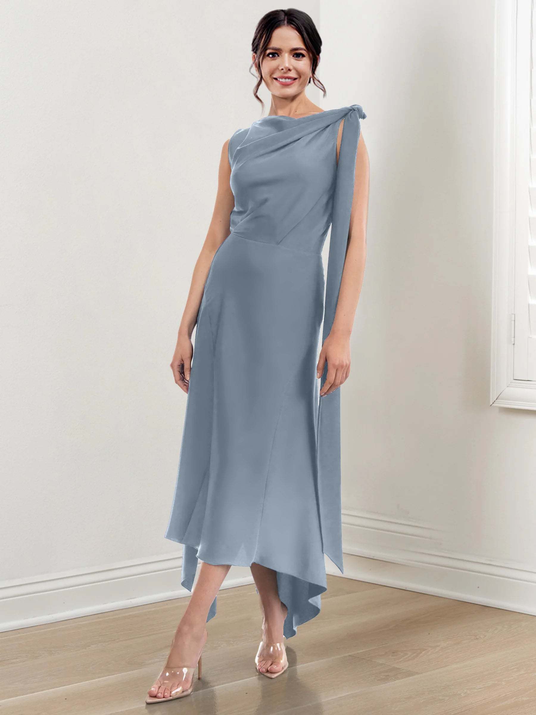 Asymmetrical Tea-Length Mother of the Bride Sheath Dress with Ruched Column Jewel Neck