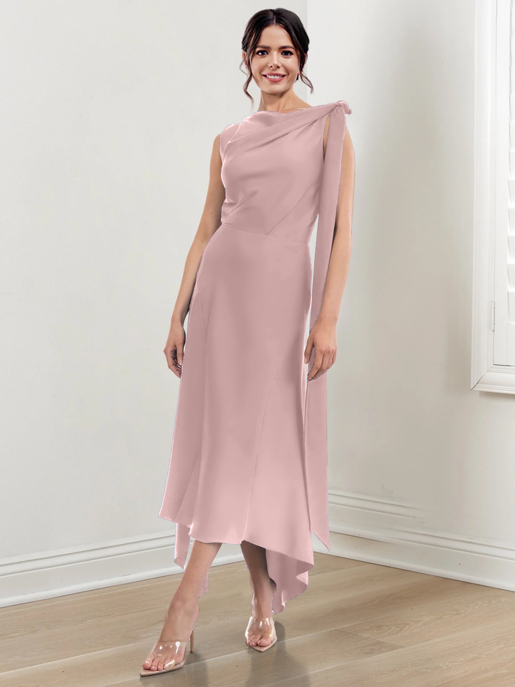 Asymmetrical Tea-Length Mother of the Bride Sheath Dress with Ruched Column Jewel Neck