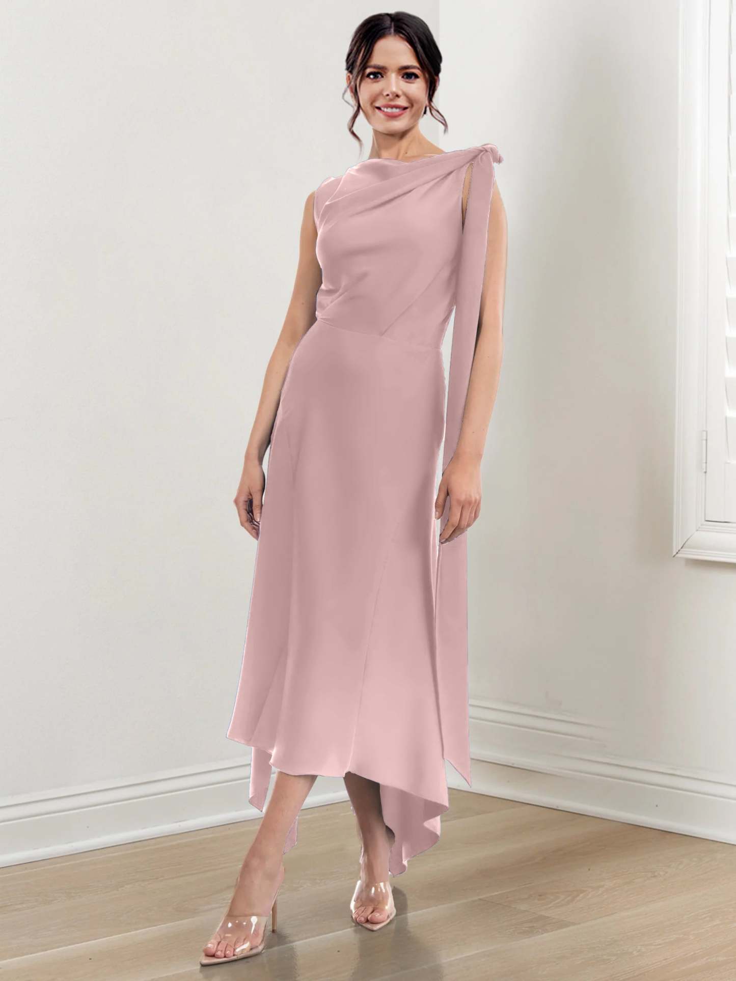 Asymmetrical Tea-Length Mother of the Bride Sheath Dress with Ruched Column Jewel Neck