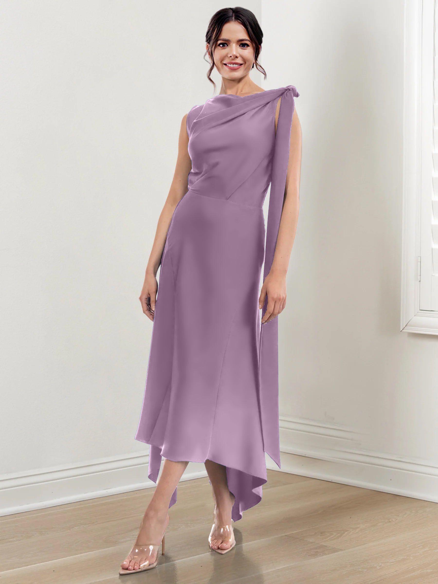 Asymmetrical Tea-Length Mother of the Bride Sheath Dress with Ruched Column Jewel Neck