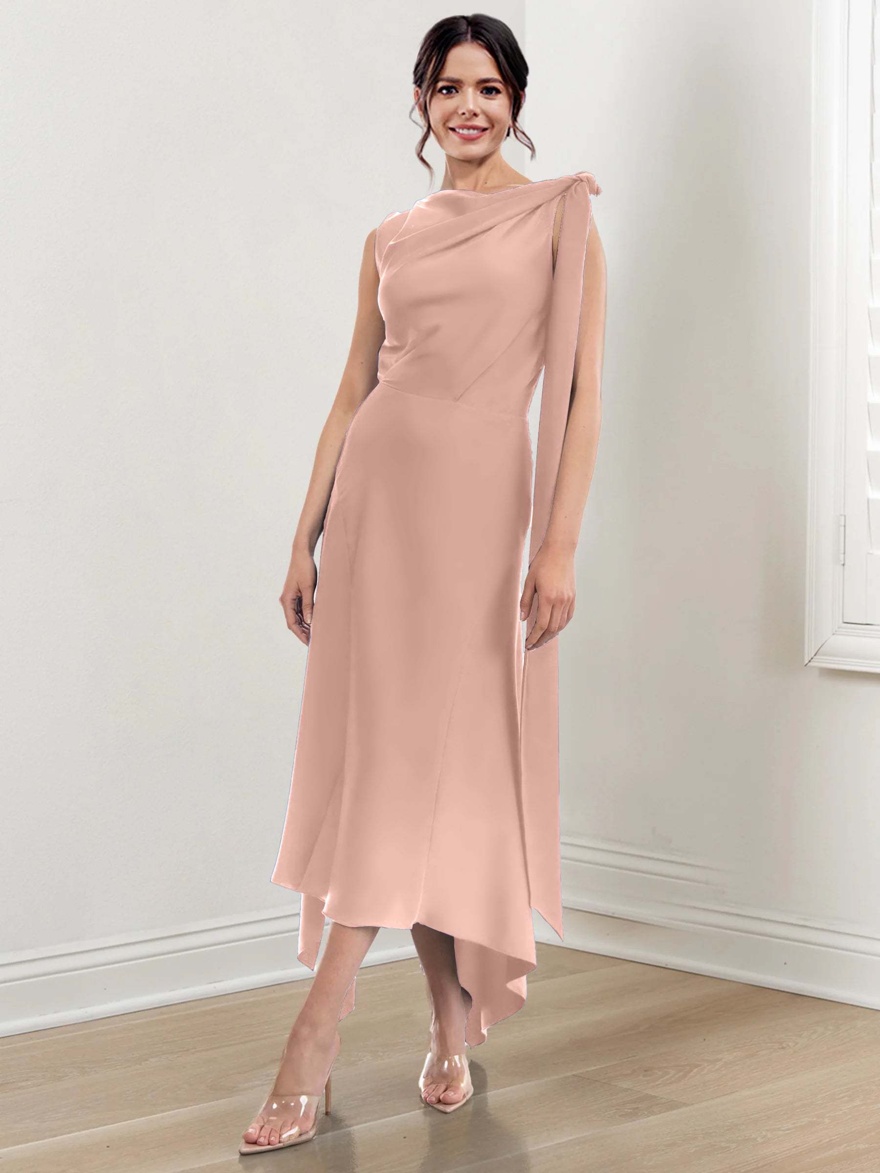 Asymmetrical Tea-Length Mother of the Bride Sheath Dress with Ruched Column Jewel Neck