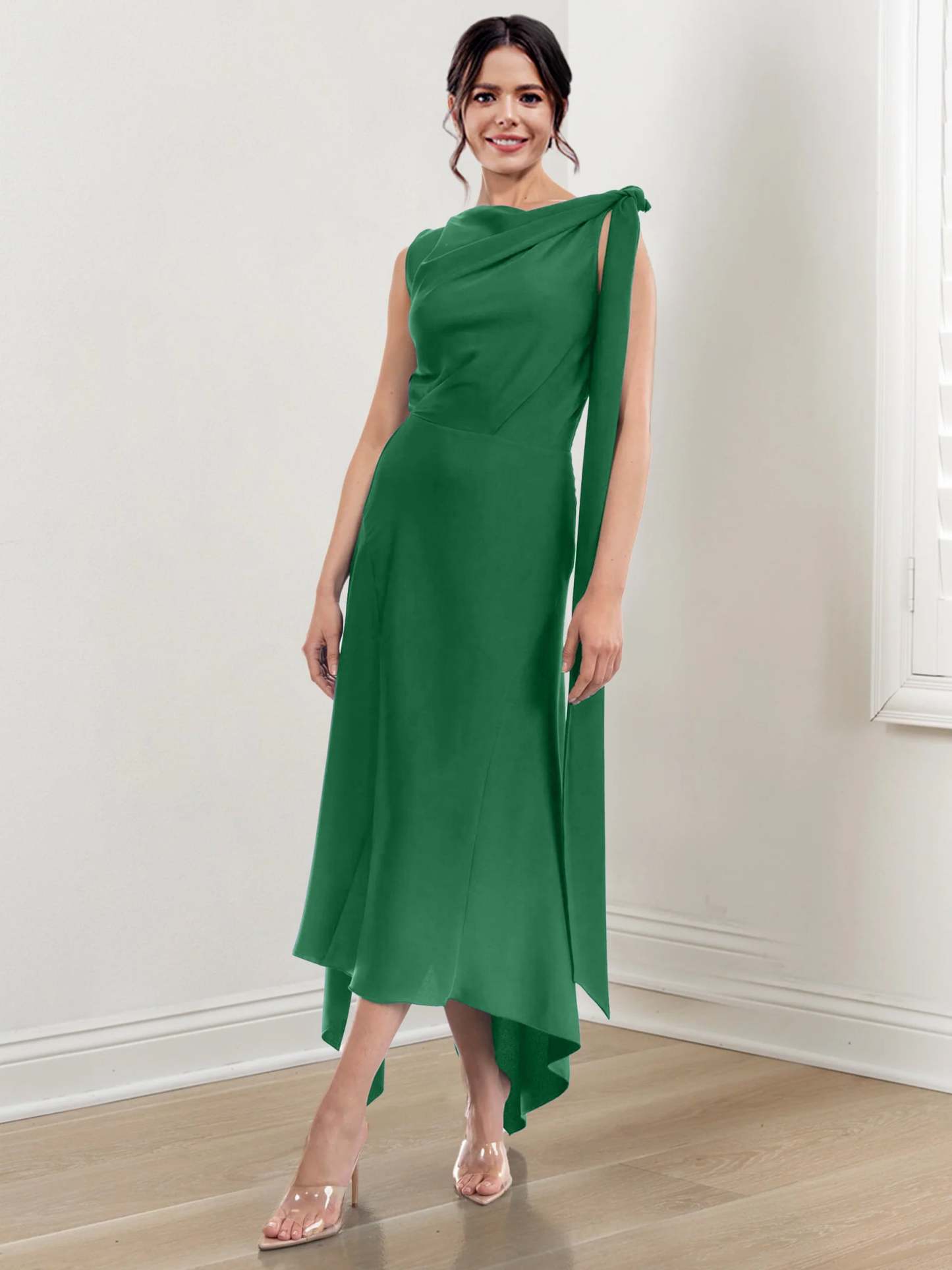 Asymmetrical Tea-Length Mother of the Bride Sheath Dress with Ruched Column Jewel Neck