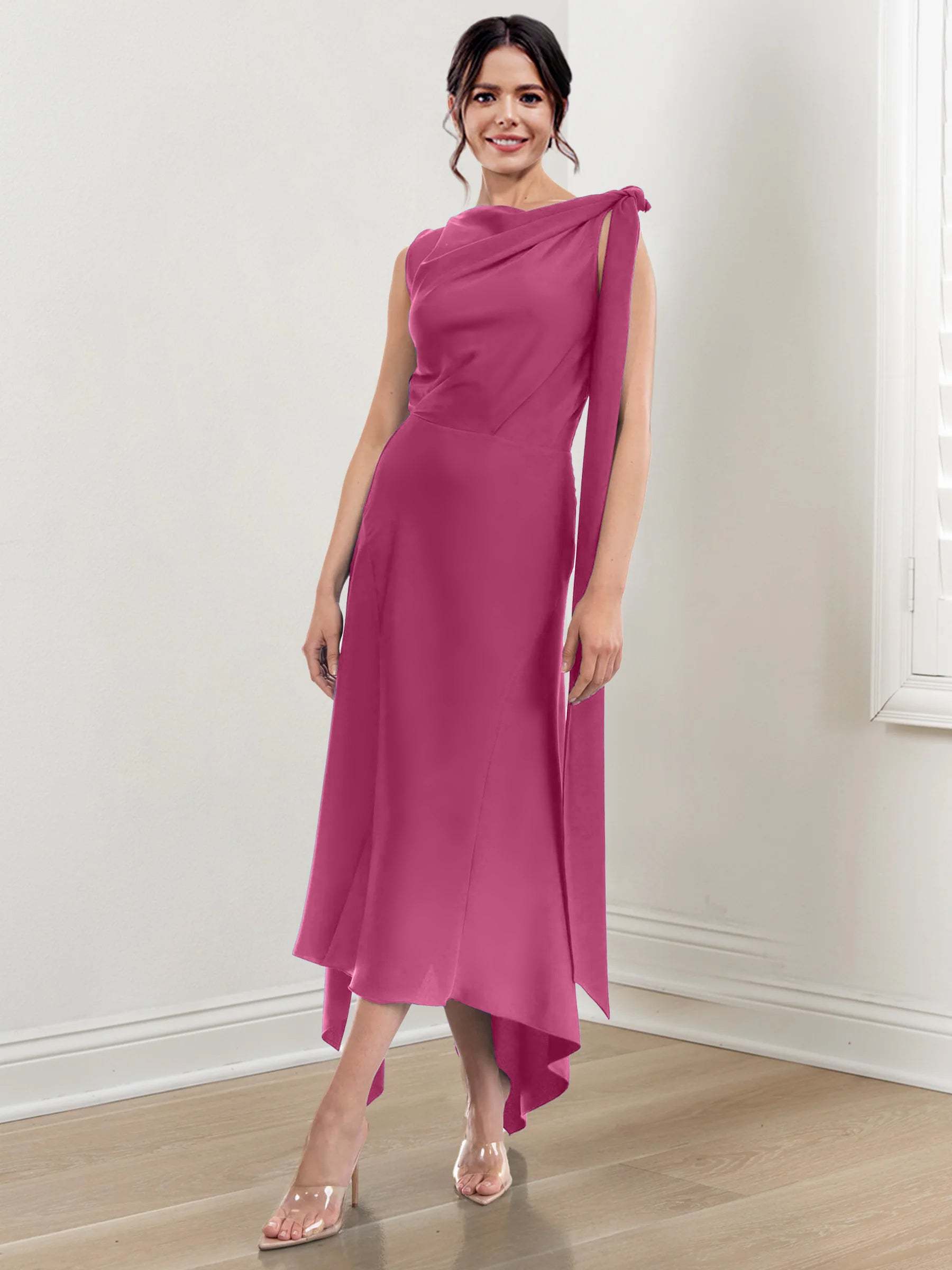 Asymmetrical Tea-Length Mother of the Bride Sheath Dress with Ruched Column Jewel Neck