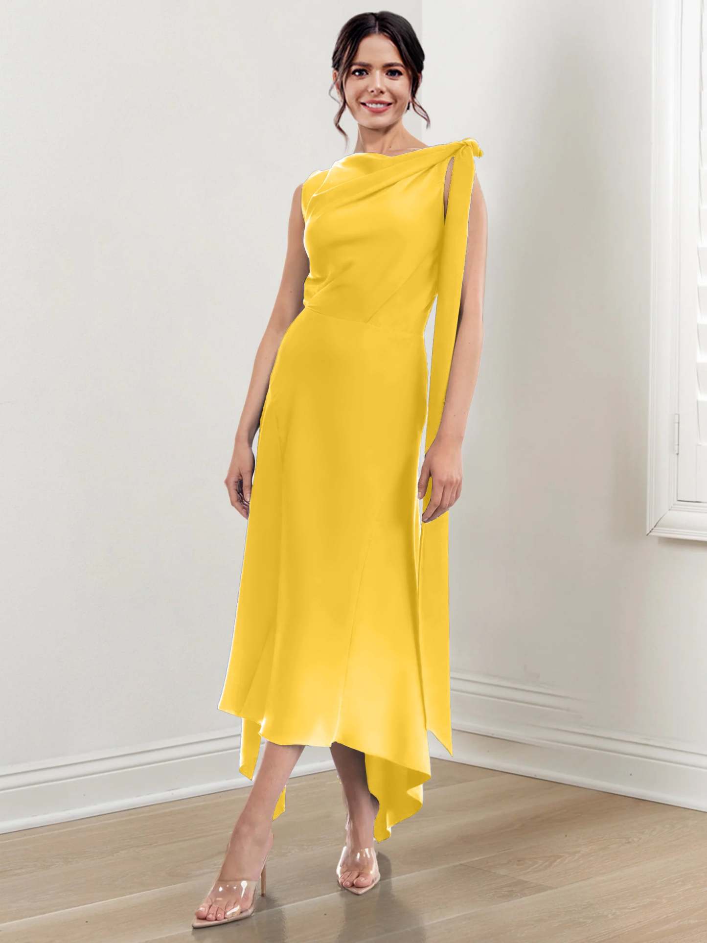 Asymmetrical Tea-Length Mother of the Bride Sheath Dress with Ruched Column Jewel Neck