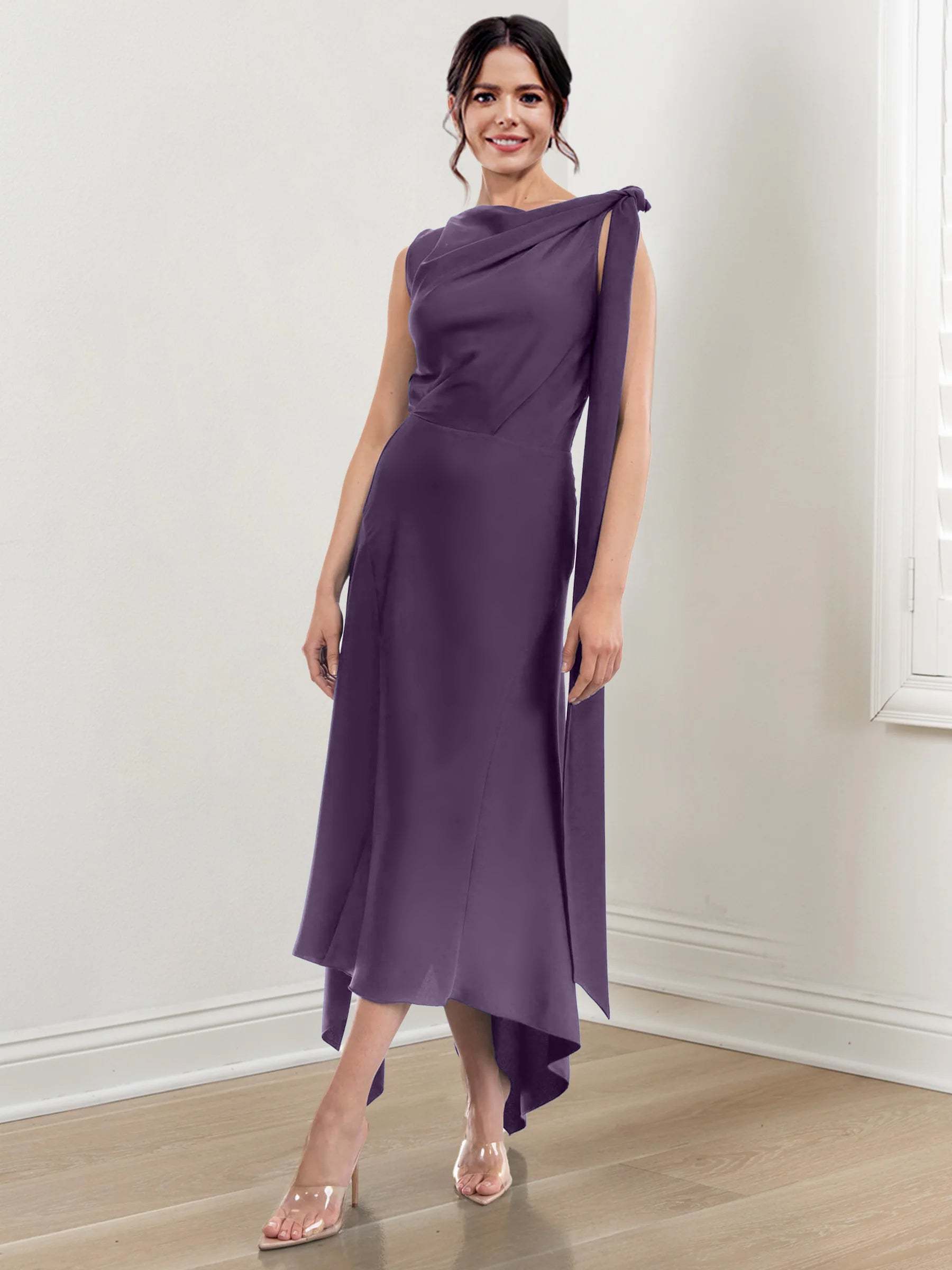 Asymmetrical Tea-Length Mother of the Bride Sheath Dress with Ruched Column Jewel Neck