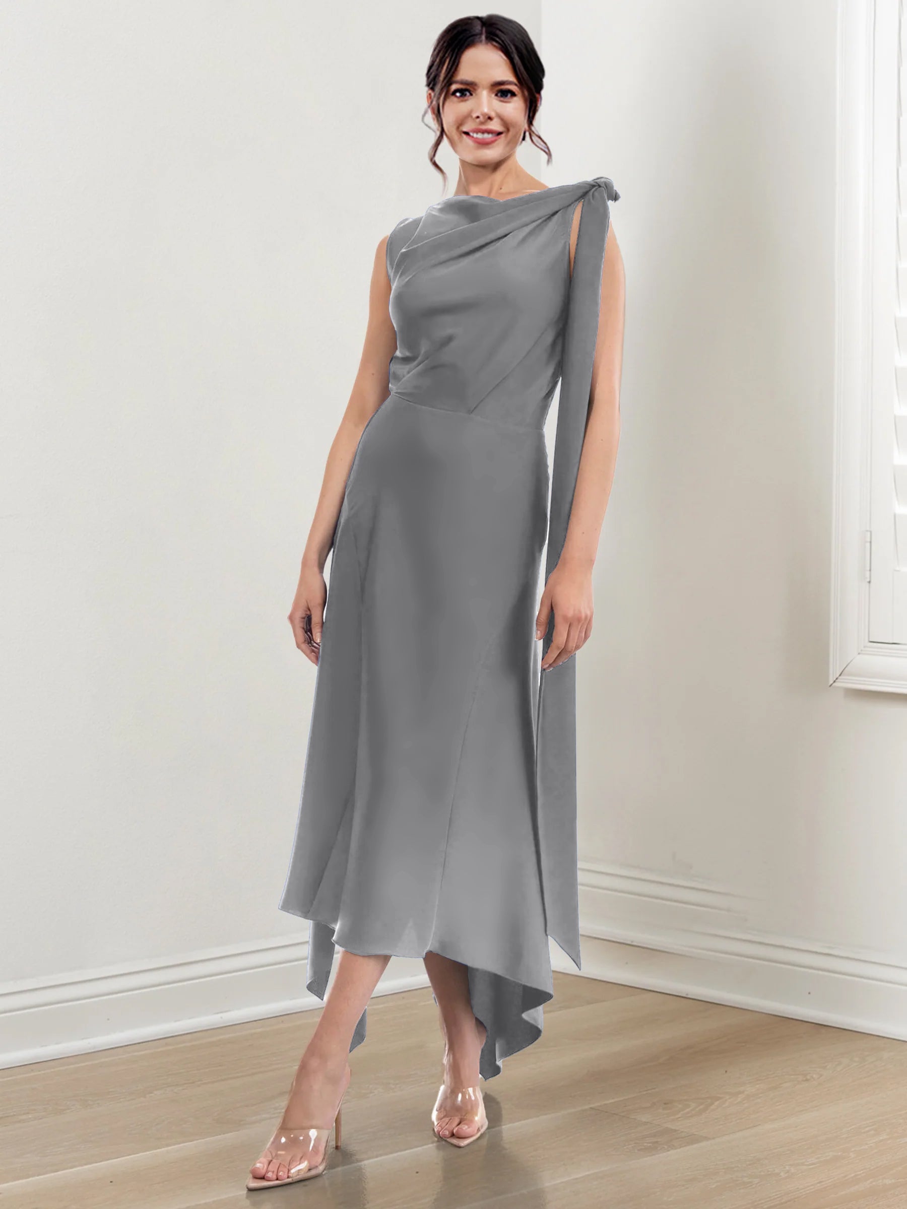 Asymmetrical Tea-Length Mother of the Bride Sheath Dress with Ruched Column Jewel Neck