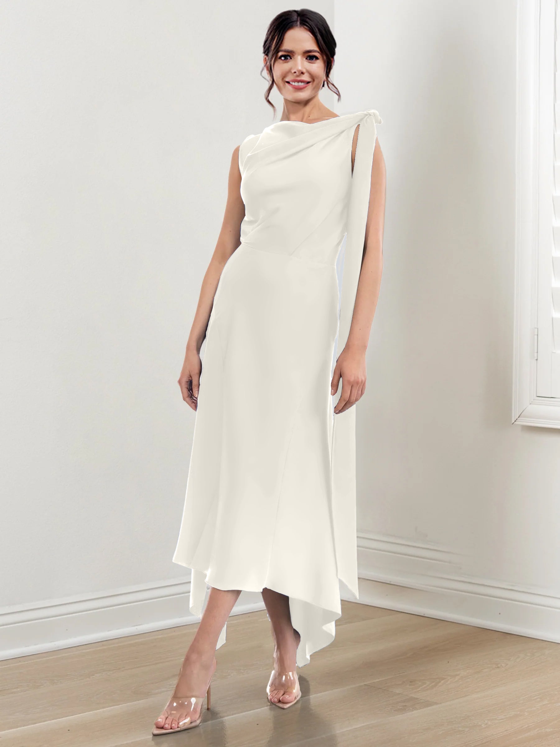 Asymmetrical Tea-Length Mother of the Bride Sheath Dress with Ruched Column Jewel Neck