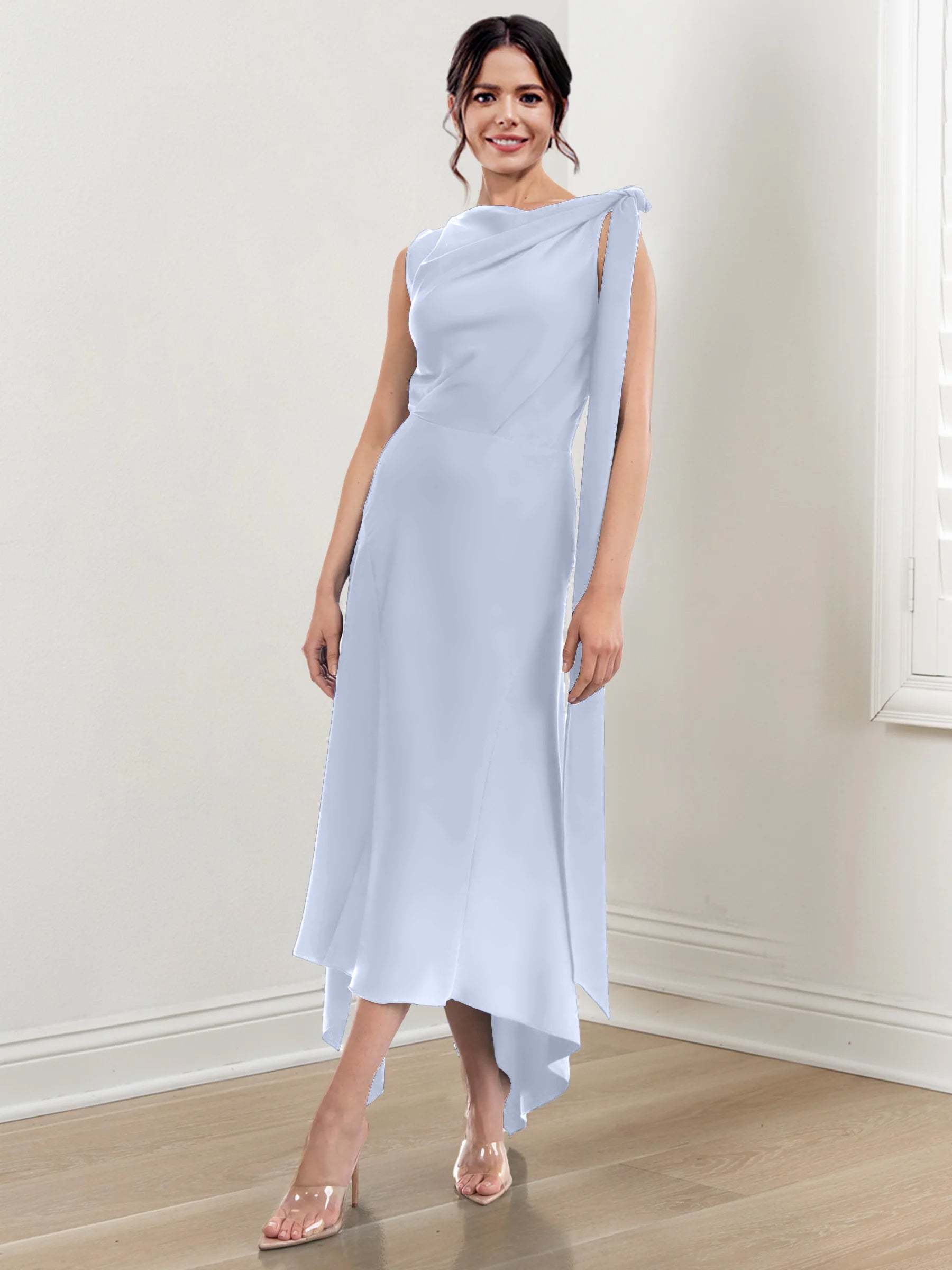 Asymmetrical Tea-Length Mother of the Bride Sheath Dress with Ruched Column Jewel Neck