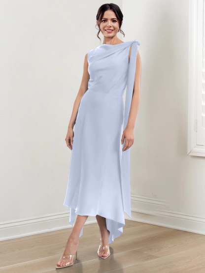 Asymmetrical Tea-Length Mother of the Bride Sheath Dress with Ruched Column Jewel Neck