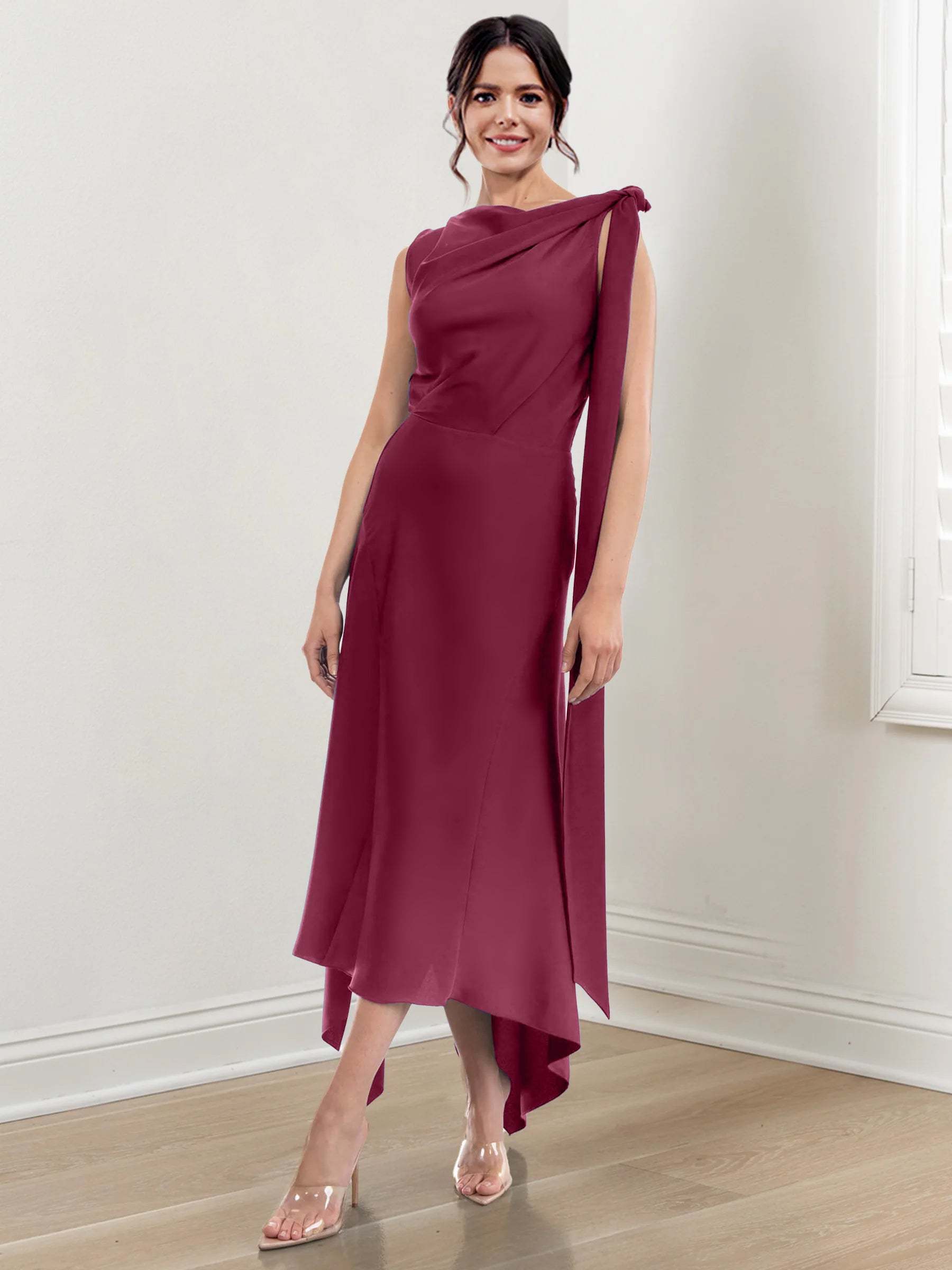 Asymmetrical Tea-Length Mother of the Bride Sheath Dress with Ruched Column Jewel Neck