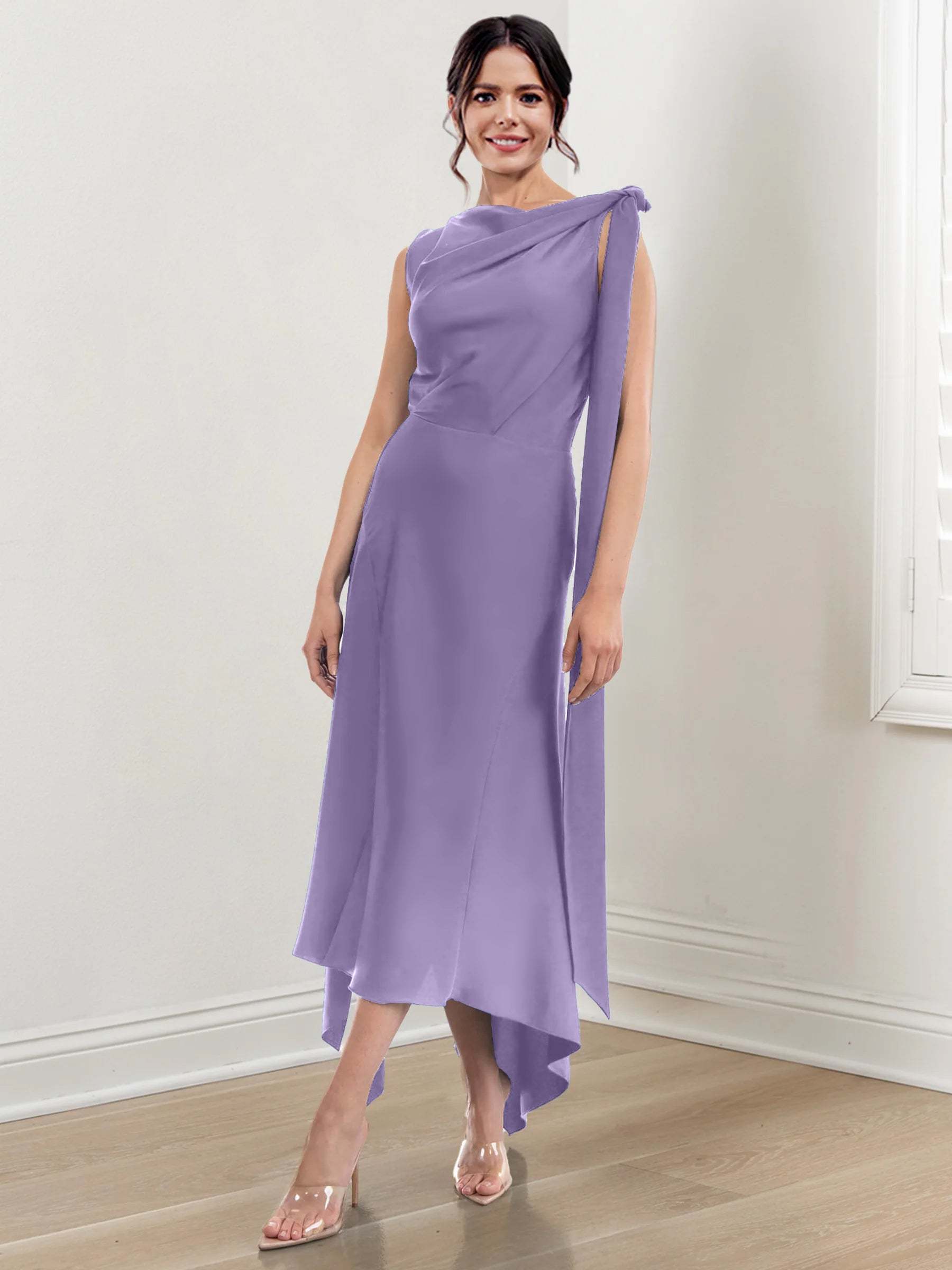 Asymmetrical Tea-Length Mother of the Bride Sheath Dress with Ruched Column Jewel Neck