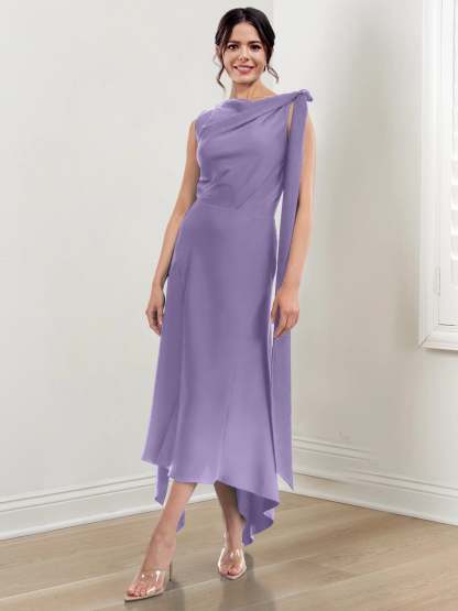 Asymmetrical Tea-Length Mother of the Bride Sheath Dress with Ruched Column Jewel Neck