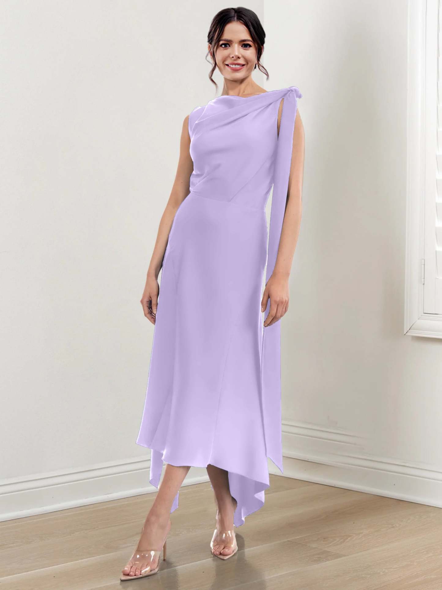 Asymmetrical Tea-Length Mother of the Bride Sheath Dress with Ruched Column Jewel Neck