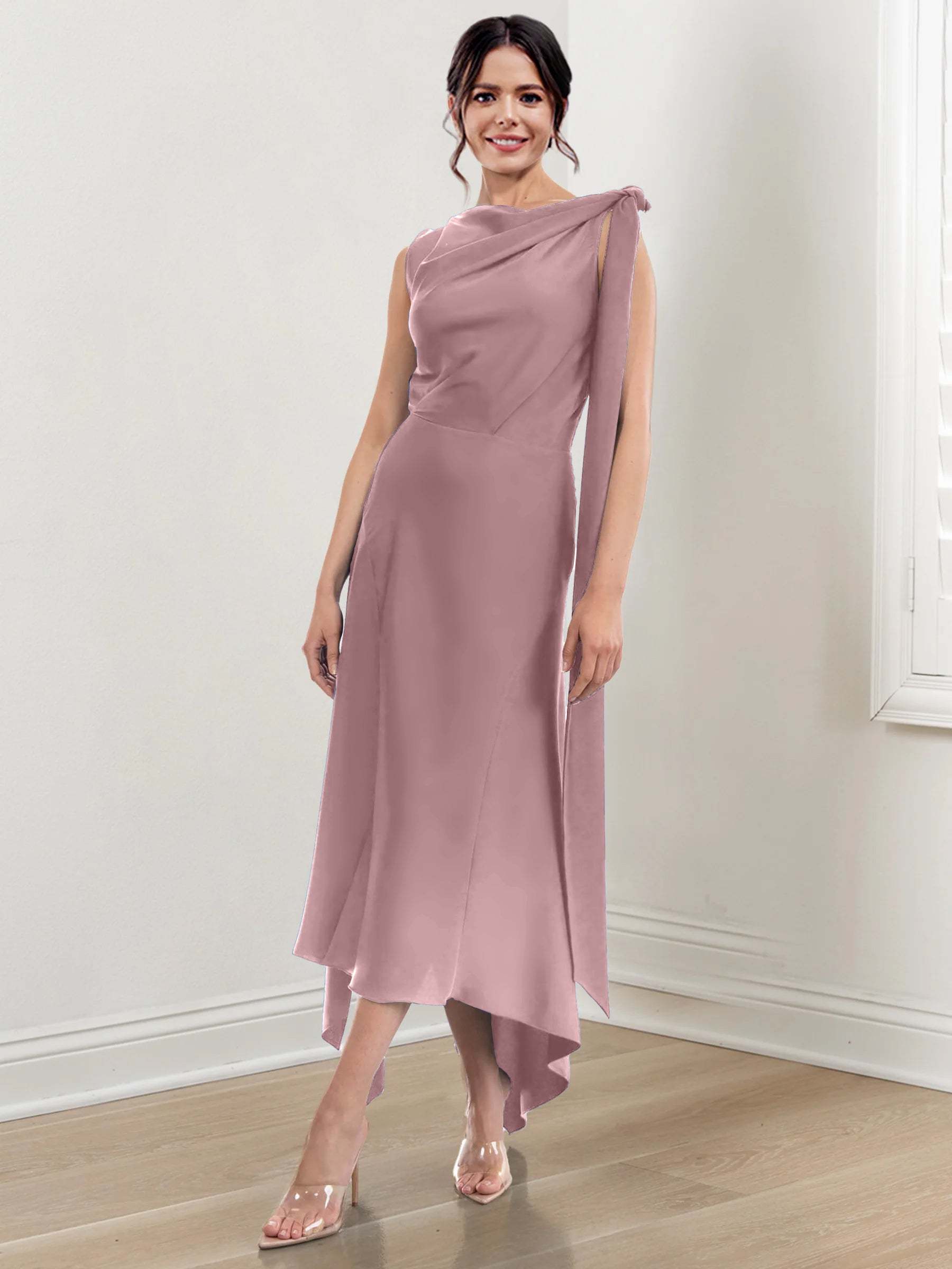 Asymmetrical Tea-Length Mother of the Bride Sheath Dress with Ruched Column Jewel Neck