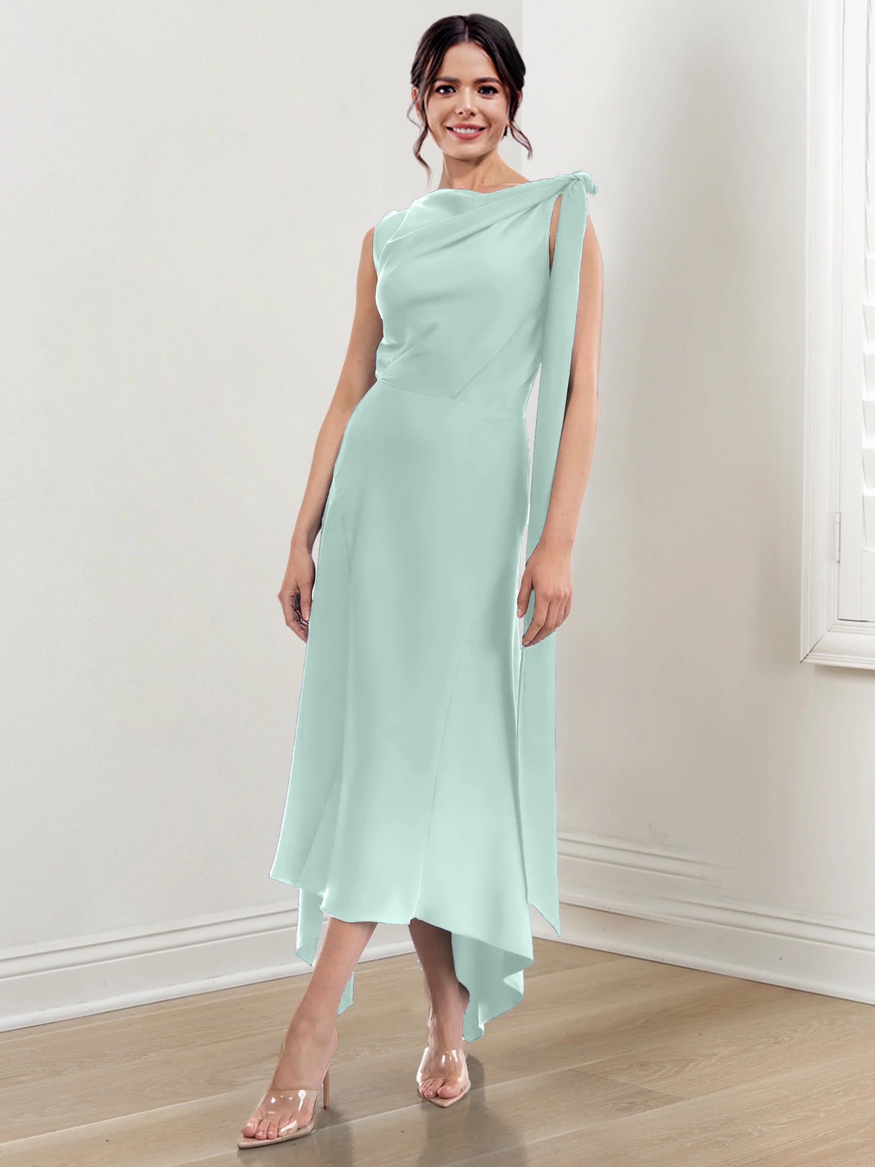 Asymmetrical Tea-Length Mother of the Bride Sheath Dress with Ruched Column Jewel Neck