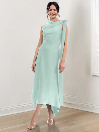 Asymmetrical Tea-Length Mother of the Bride Sheath Dress with Ruched Column Jewel Neck