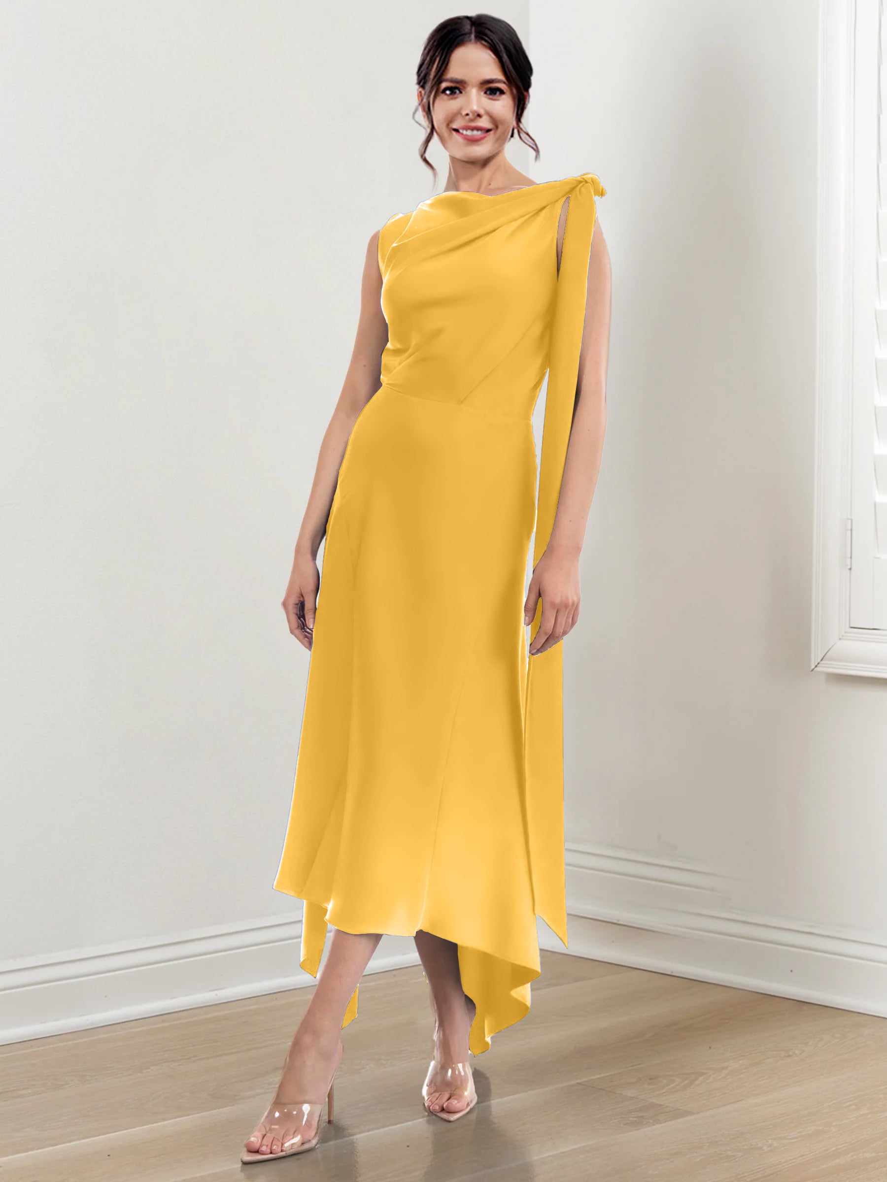 Asymmetrical Tea-Length Mother of the Bride Sheath Dress with Ruched Column Jewel Neck