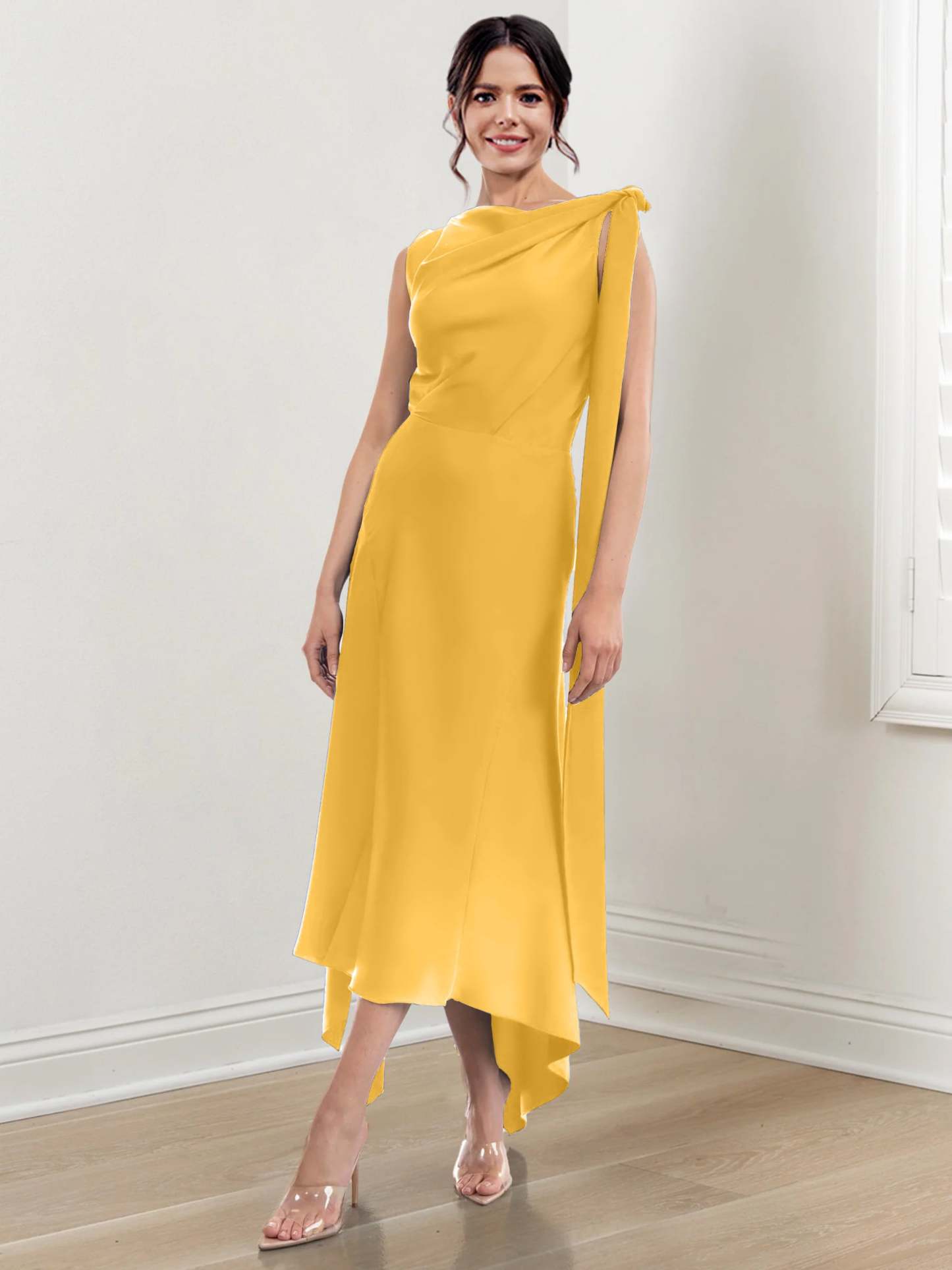 Asymmetrical Tea-Length Mother of the Bride Sheath Dress with Ruched Column Jewel Neck