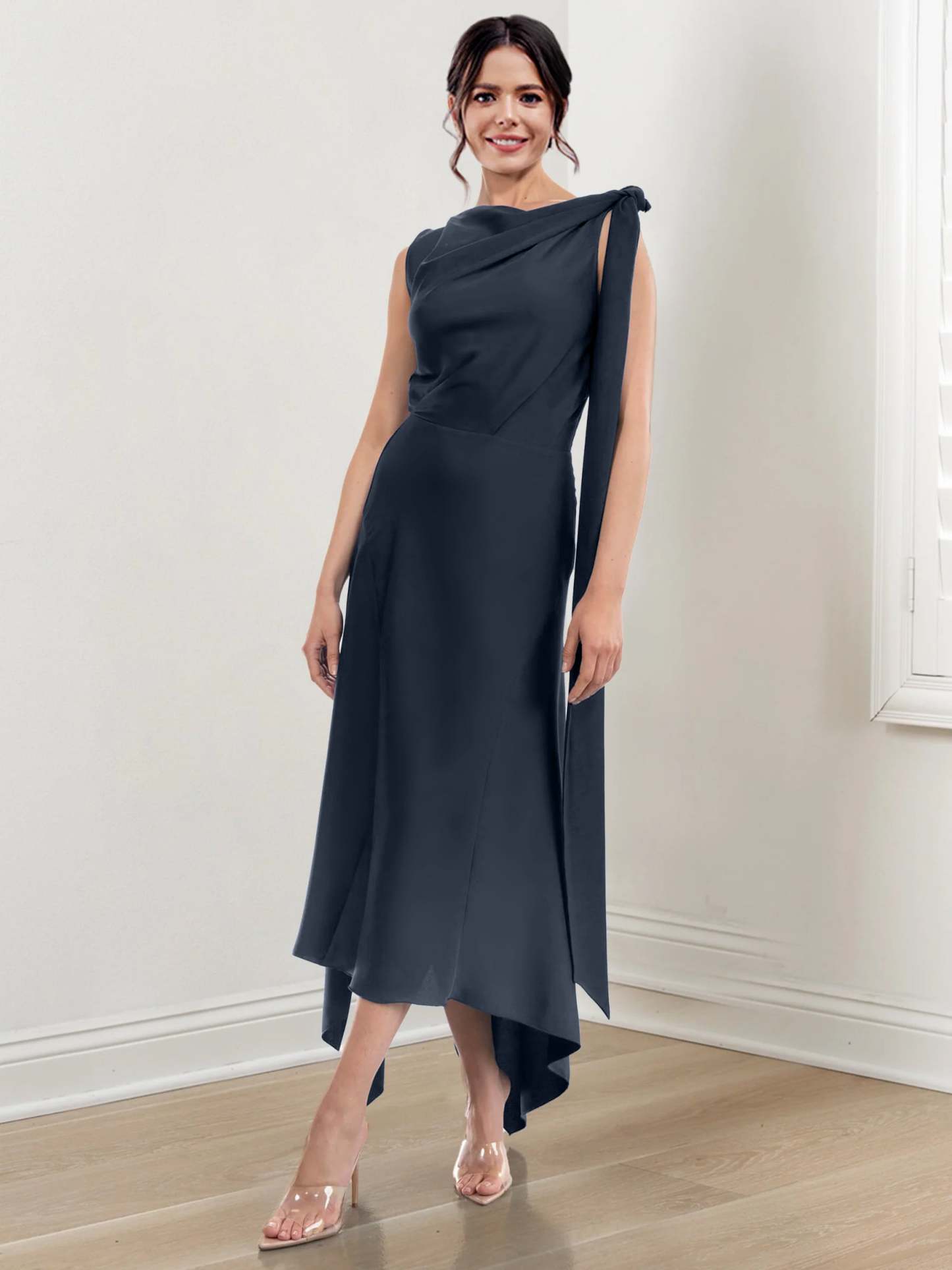 Asymmetrical Tea-Length Mother of the Bride Sheath Dress with Ruched Column Jewel Neck
