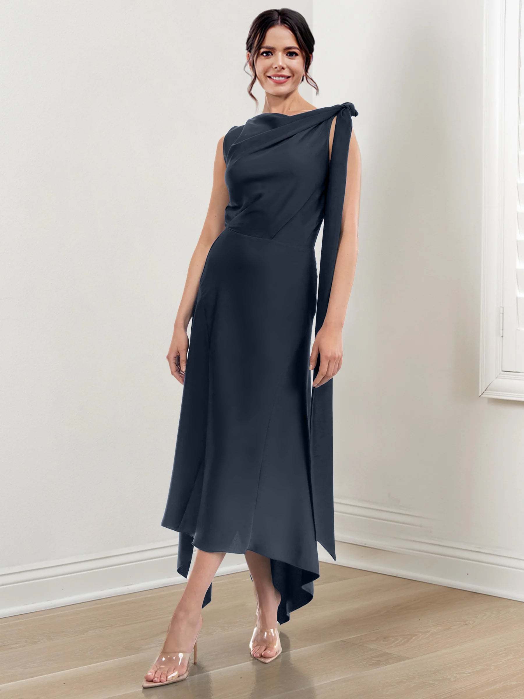 Asymmetrical Tea-Length Mother of the Bride Sheath Dress with Ruched Column Jewel Neck