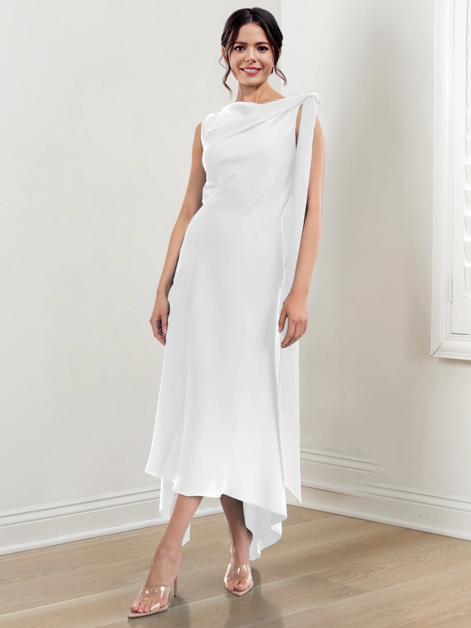 Asymmetrical Tea-Length Mother of the Bride Sheath Dress with Ruched Column Jewel Neck
