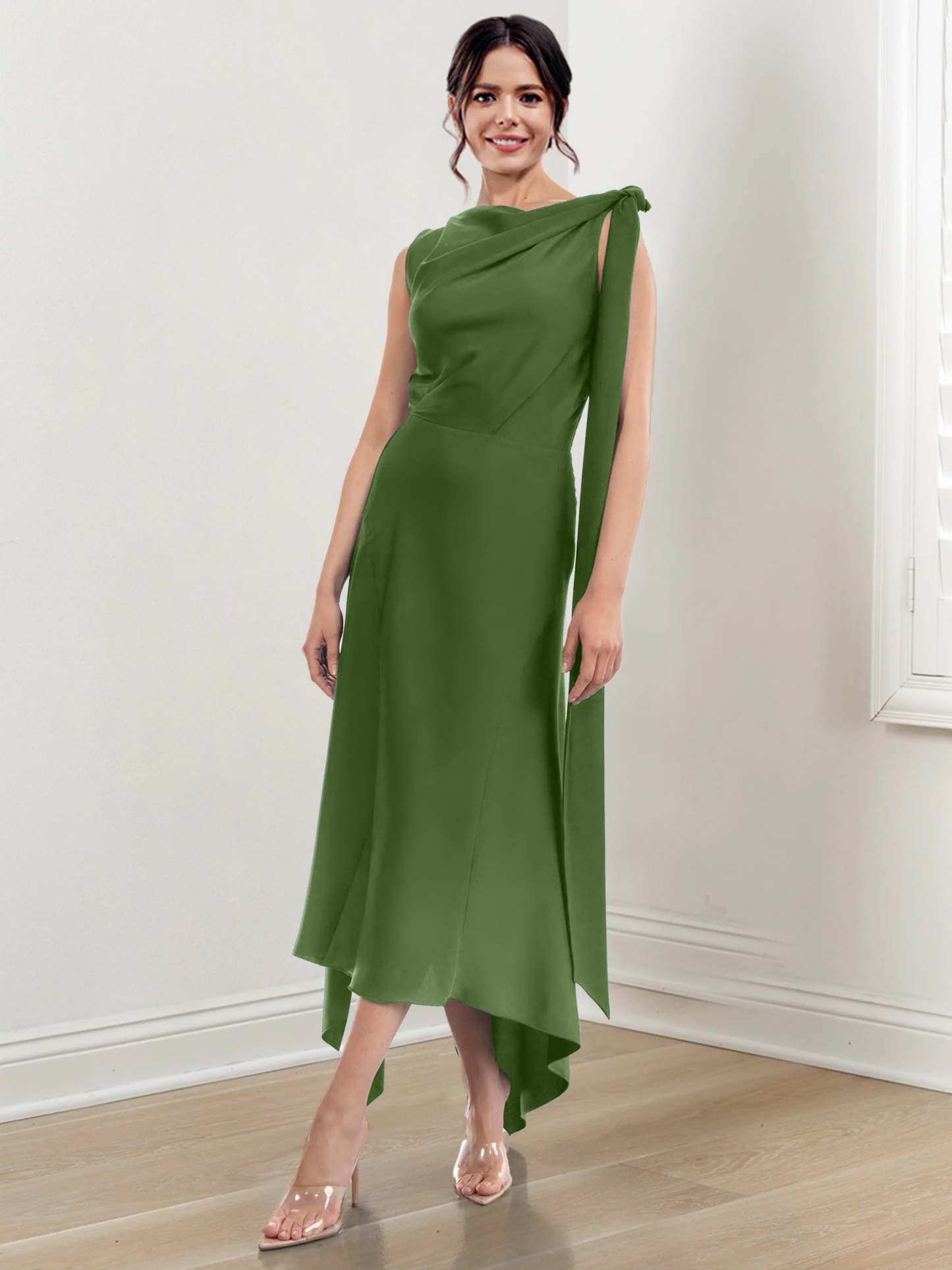 Asymmetrical Tea-Length Mother of the Bride Sheath Dress with Ruched Column Jewel Neck