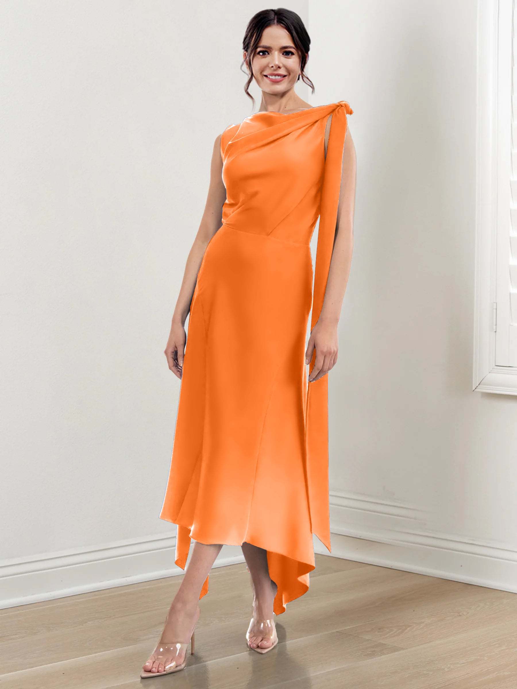 Asymmetrical Tea-Length Mother of the Bride Sheath Dress with Ruched Column Jewel Neck