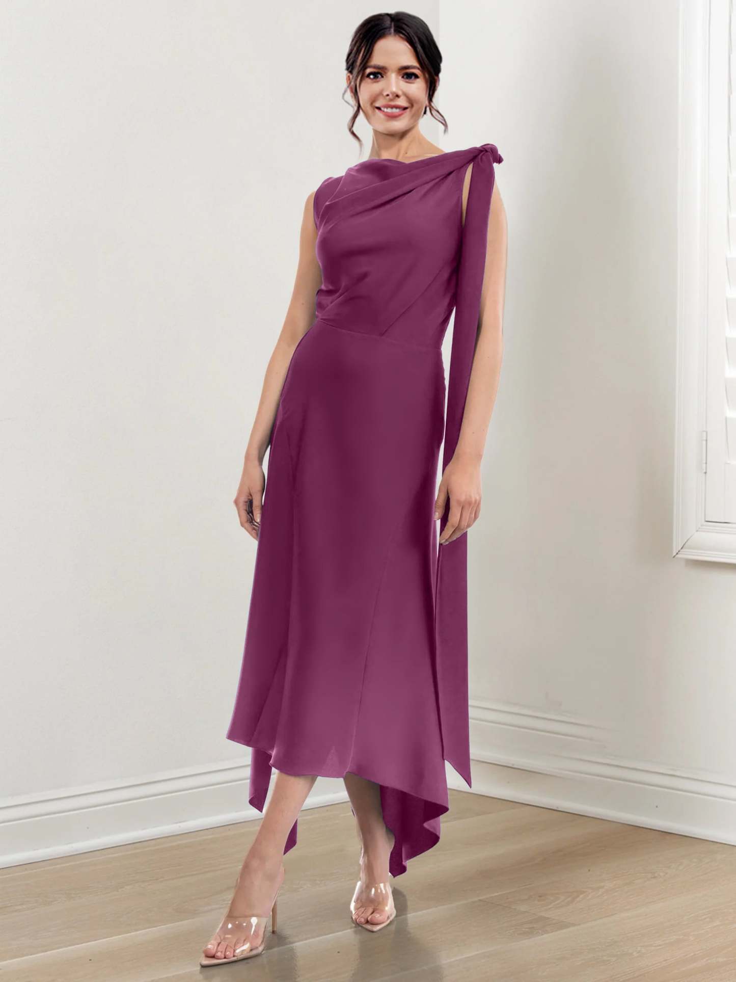 Asymmetrical Tea-Length Mother of the Bride Sheath Dress with Ruched Column Jewel Neck