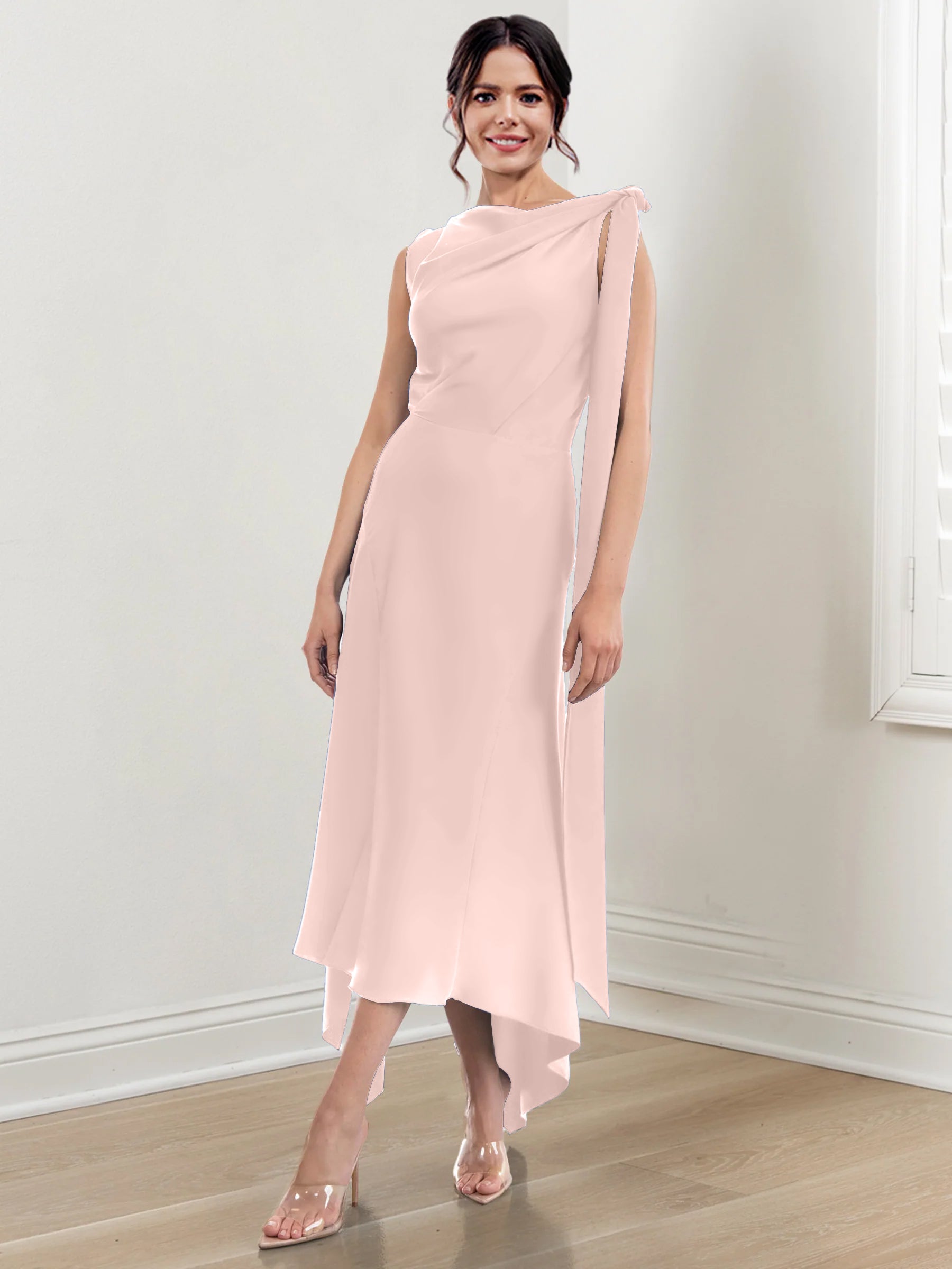 Asymmetrical Tea-Length Mother of the Bride Sheath Dress with Ruched Column Jewel Neck
