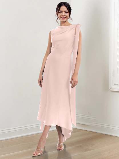 Asymmetrical Tea-Length Mother of the Bride Sheath Dress with Ruched Column Jewel Neck