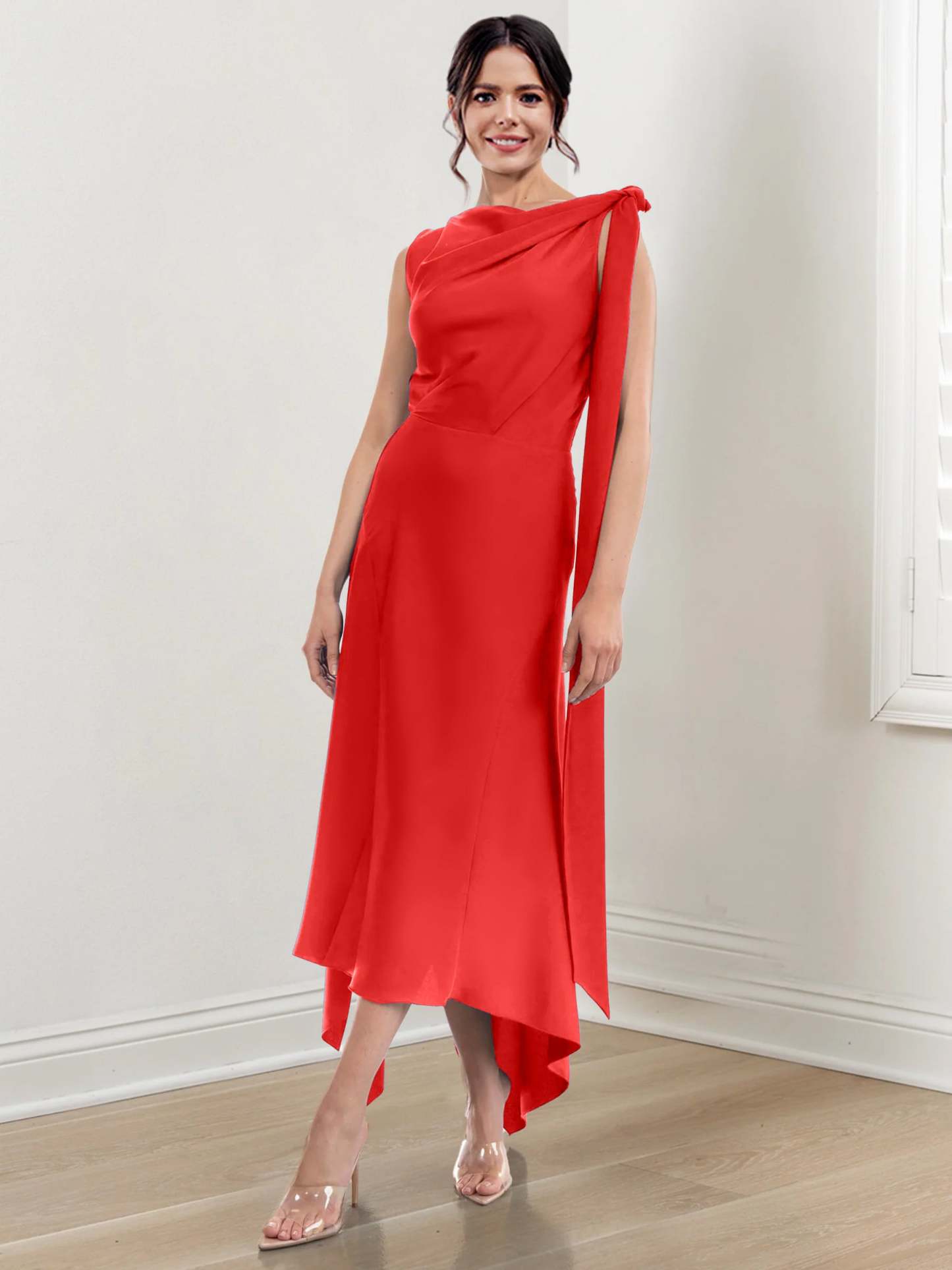 Asymmetrical Tea-Length Mother of the Bride Sheath Dress with Ruched Column Jewel Neck