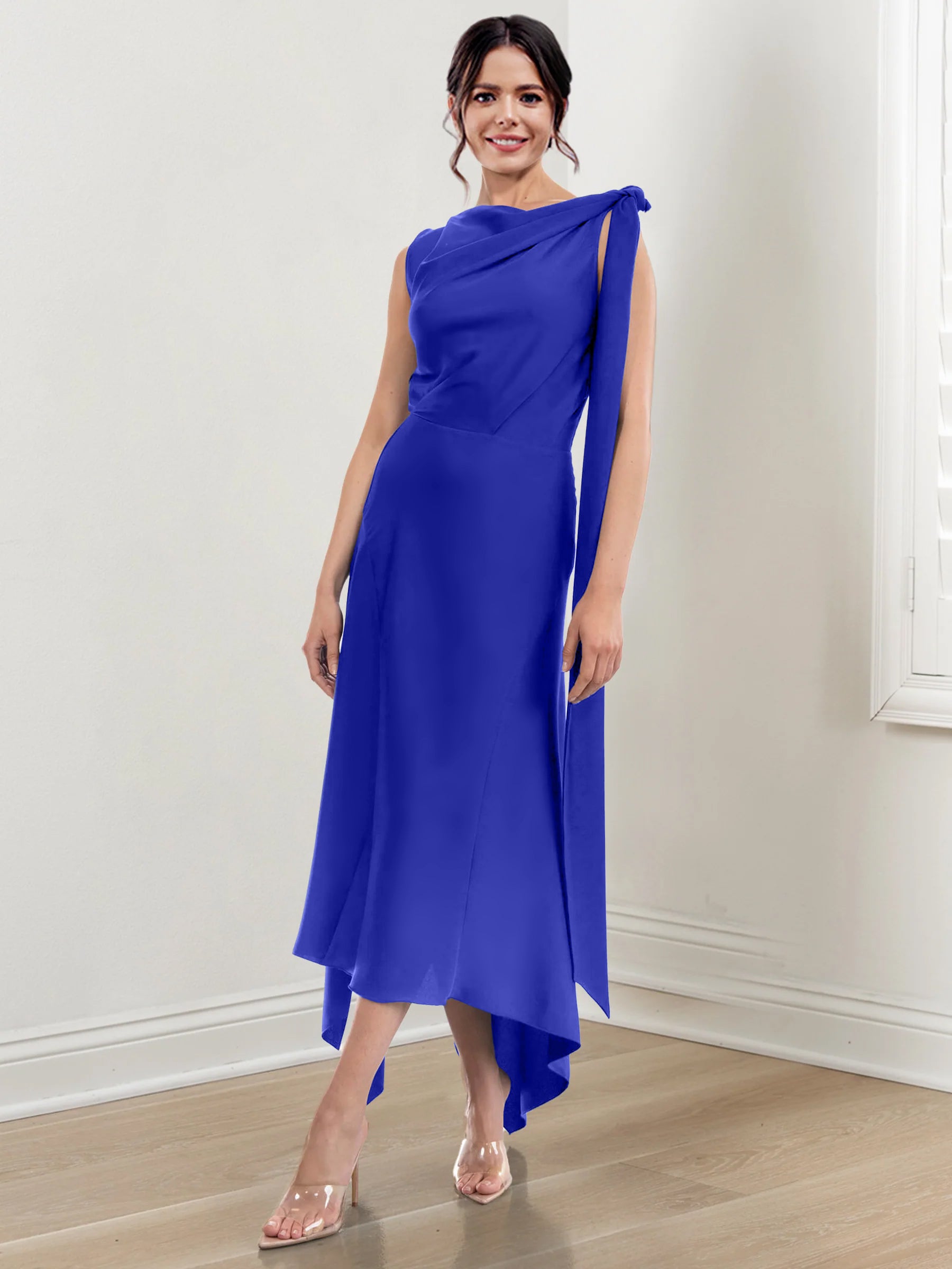Asymmetrical Tea-Length Mother of the Bride Sheath Dress with Ruched Column Jewel Neck