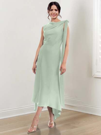 Asymmetrical Tea-Length Mother of the Bride Sheath Dress with Ruched Column Jewel Neck