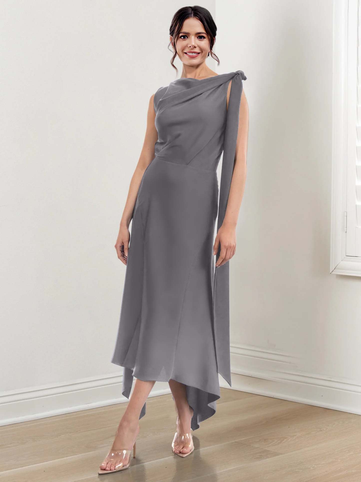 Asymmetrical Tea-Length Mother of the Bride Sheath Dress with Ruched Column Jewel Neck