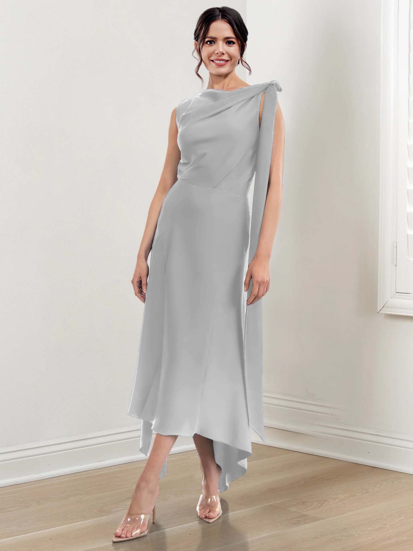 Asymmetrical Tea-Length Mother of the Bride Sheath Dress with Ruched Column Jewel Neck