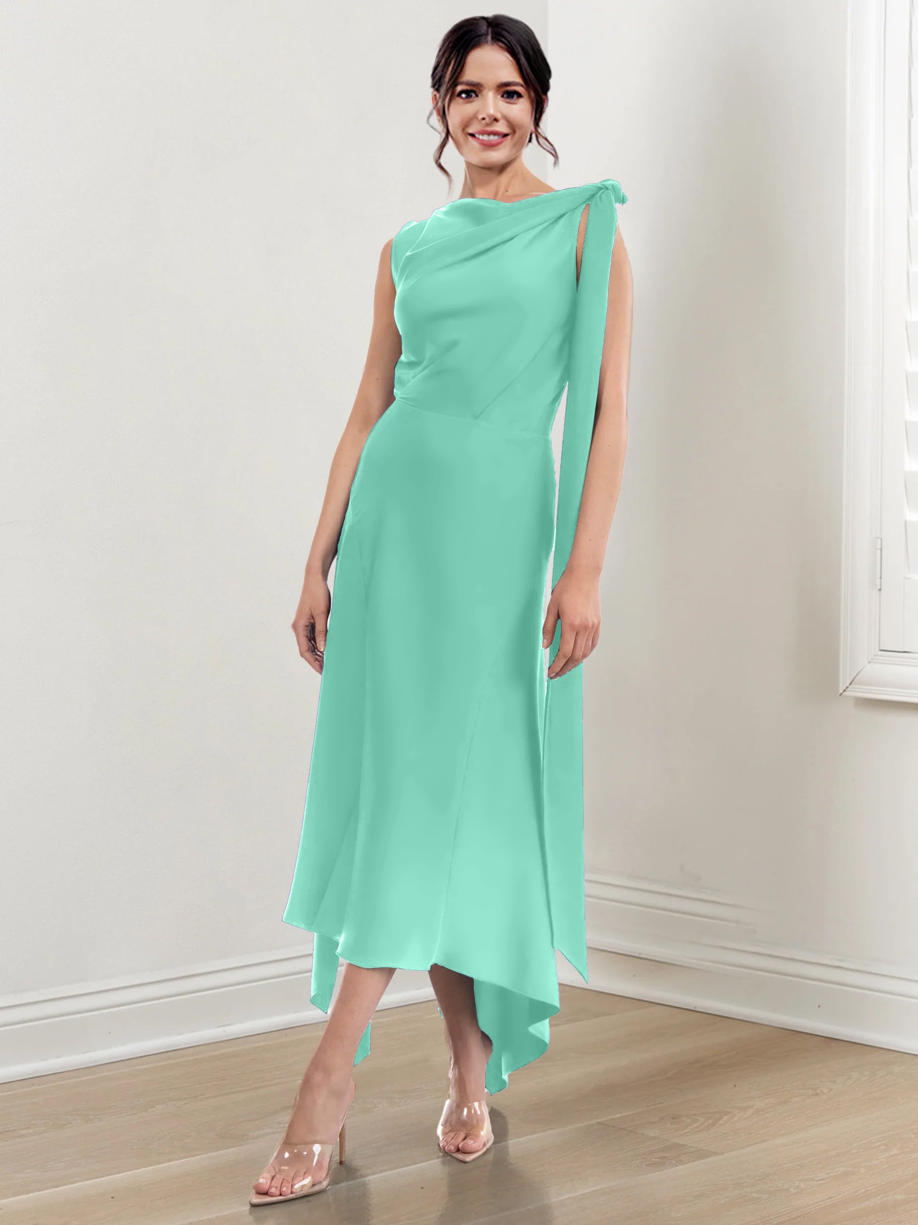 Asymmetrical Tea-Length Mother of the Bride Sheath Dress with Ruched Column Jewel Neck