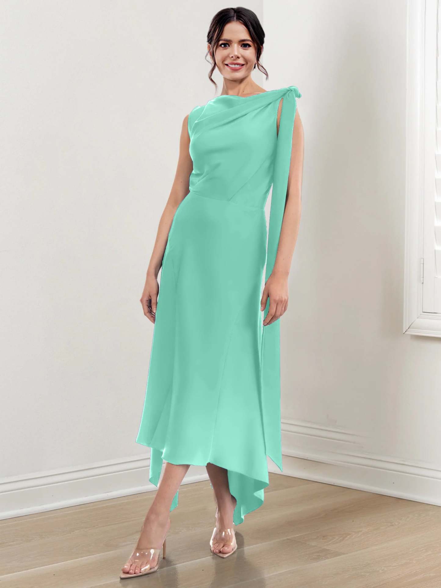 Asymmetrical Tea-Length Mother of the Bride Sheath Dress with Ruched Column Jewel Neck