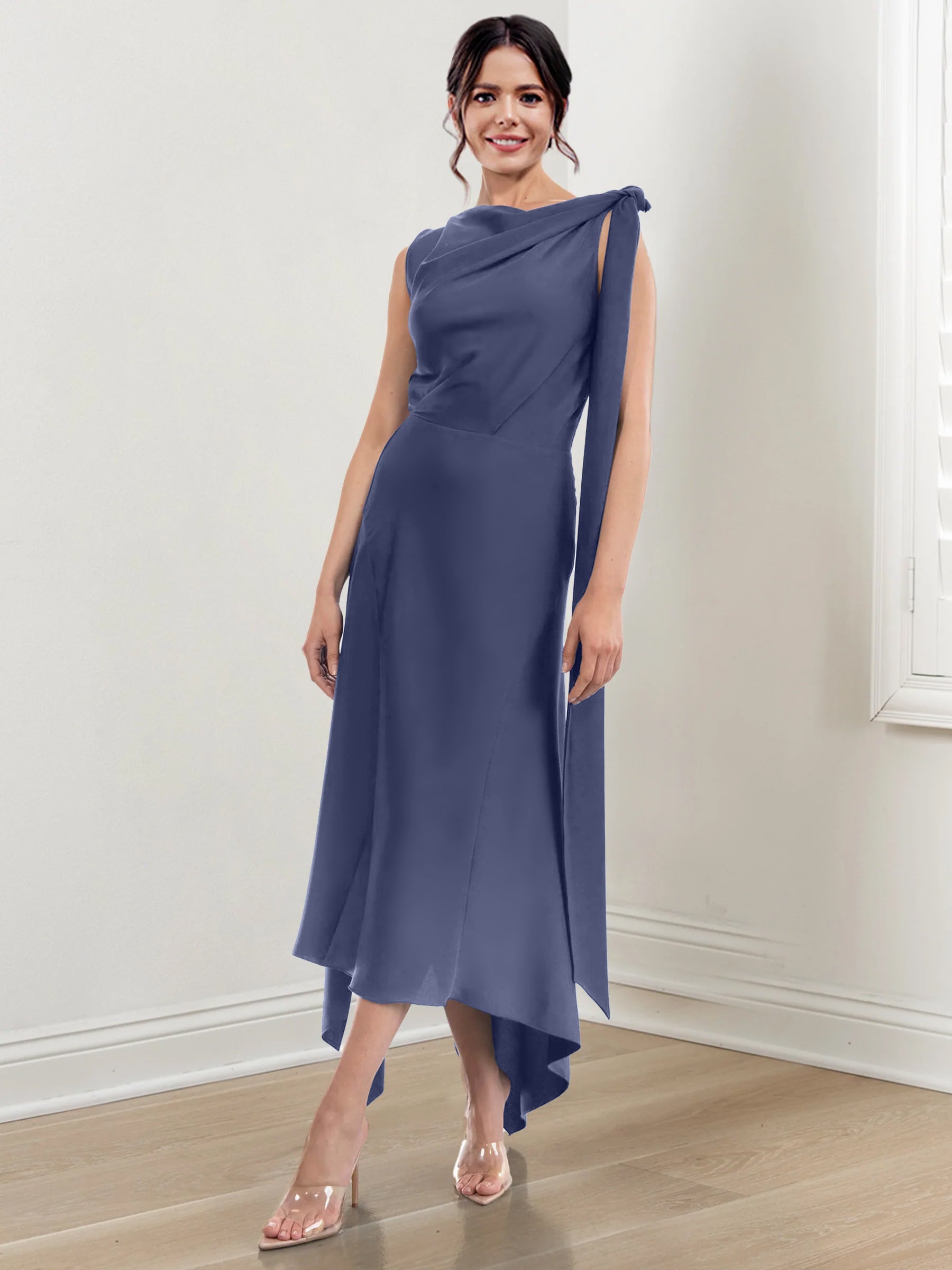 Asymmetrical Tea-Length Mother of the Bride Sheath Dress with Ruched Column Jewel Neck