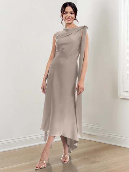 Asymmetrical Tea-Length Mother of the Bride Sheath Dress with Ruched Column Jewel Neck