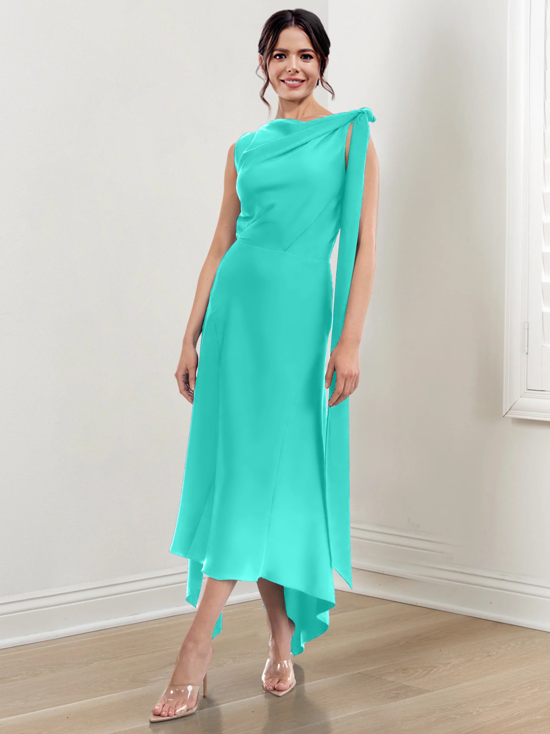 Asymmetrical Tea-Length Mother of the Bride Sheath Dress with Ruched Column Jewel Neck