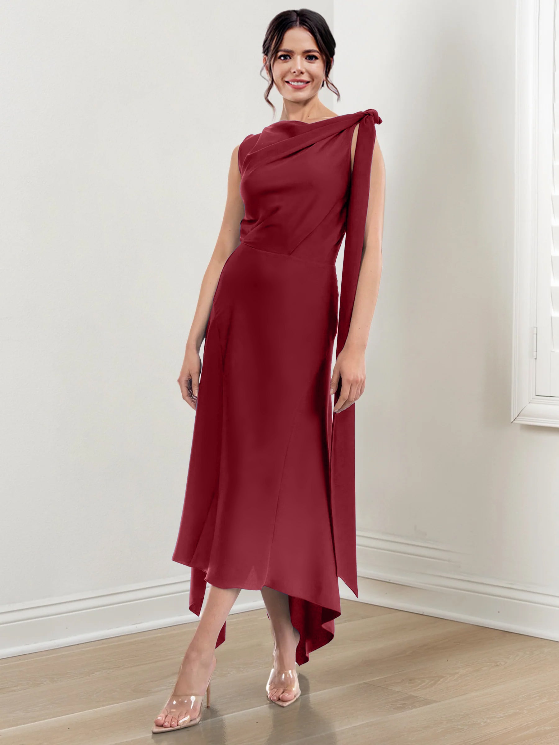 Asymmetrical Tea-Length Mother of the Bride Sheath Dress with Ruched Column Jewel Neck