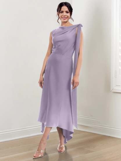 Asymmetrical Tea-Length Mother of the Bride Sheath Dress with Ruched Column Jewel Neck