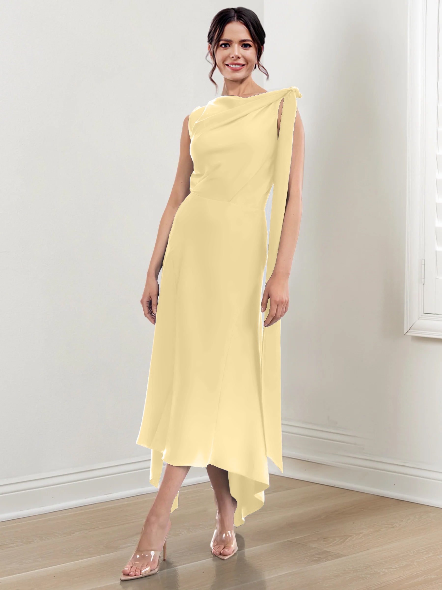 Asymmetrical Tea-Length Mother of the Bride Sheath Dress with Ruched Column Jewel Neck